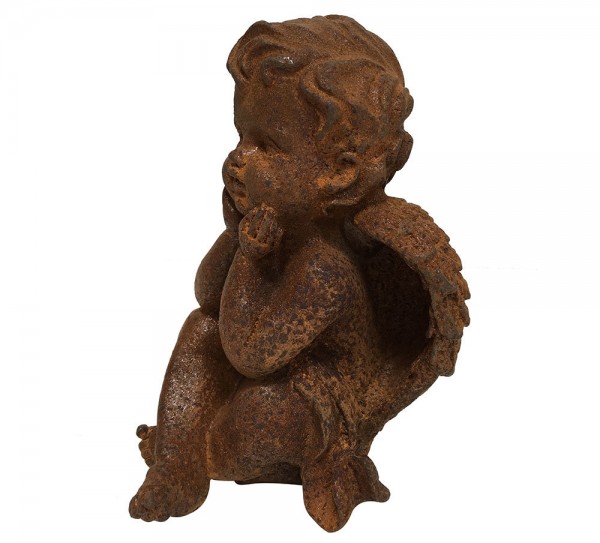 Engelfigur Putte Gusseisen Rost Engel Statue sitzend Antik-Stil 11cm