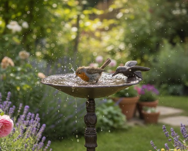 Vogeltränke auf Fuß mit Vogel Vogelbad Futterschale Gusseisen Antik-Stil Braun