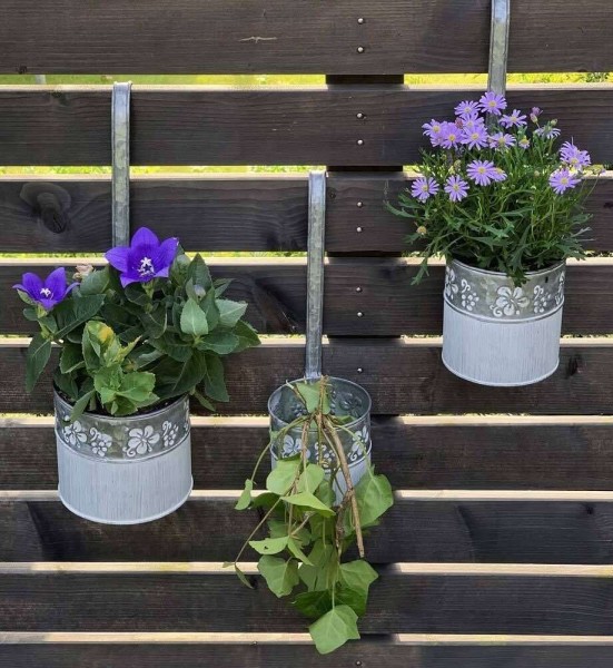 3er Set Hängender Blumentopf Zink Vintage-Stil mit Haken Balkon Hängetopf Grau