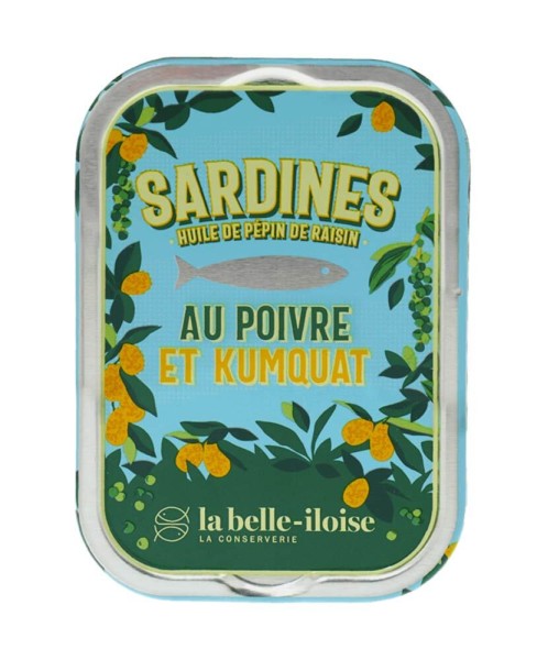 la belle-iloise Sardinen in Traubenkernöl mit Kumquat & grünem Pfeffer-Dose 115 g