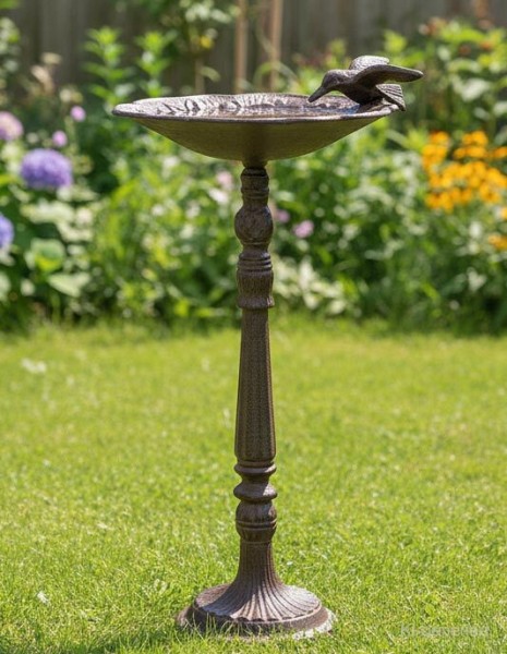 Vogeltränke auf Fuß mit Vogel Vogelbad Futterschale Gusseisen Antik-Stil Braun
