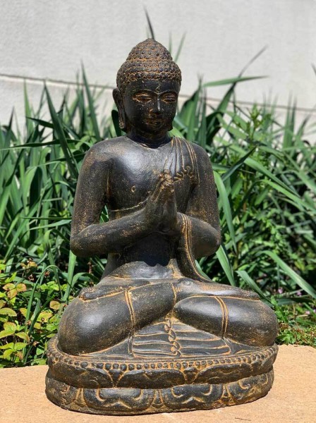 Buddha Figur 60 cm Groß Guss-Stein Frostsicher Sitzend Gruß Garten Anthrazit-Rost
