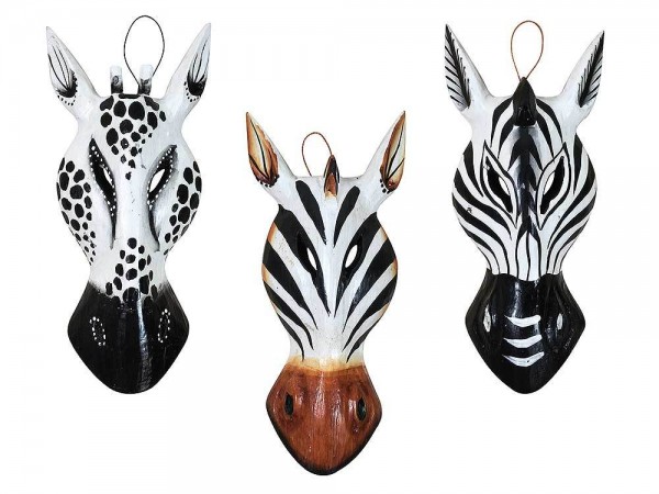 Holzmaske Afrika Wandmasken Set 3 Stück Zebra Giraffe Tiermaske Holz 20cm