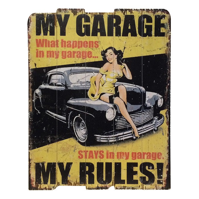 Wandbild "MY GARAGE - MY RULES" Holzschild Pin-Up-Stil 66x50cm