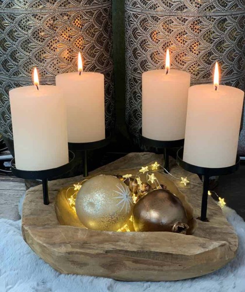 Adventskranz Schale Holz zum Dekorieren 4 Kerzenhalter Tischleuchter Teak Rund