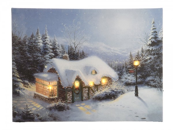 LED Bild Weihnachtshaus in den Bergen Leinwand Wandbild 38x58cm