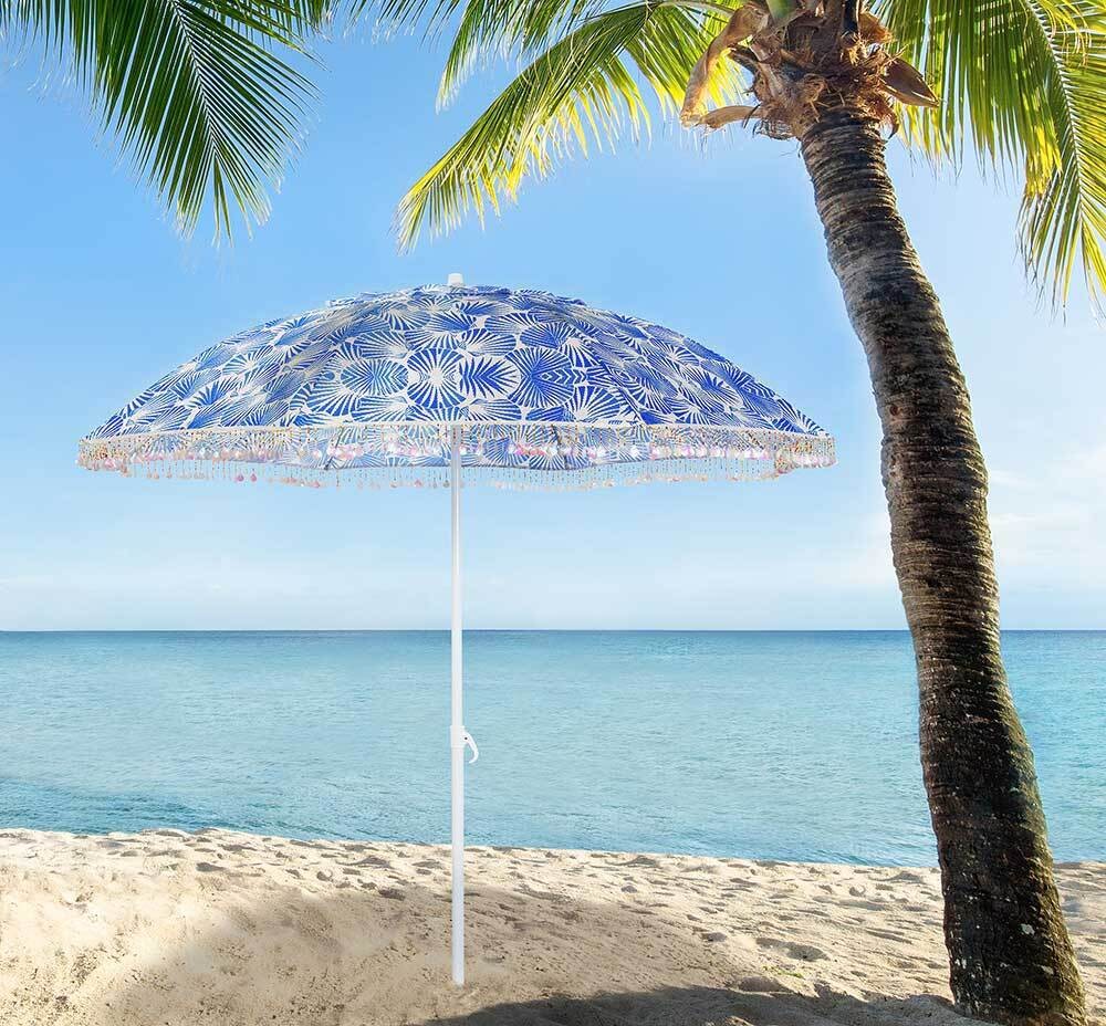 Sonnenschirm Strandschirm Blau Weiß mit Muscheln Garten Camping Erdspieß Ø 180cm