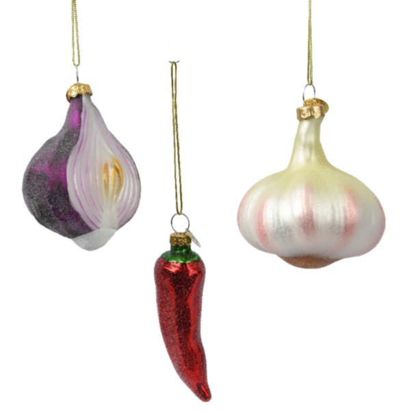 Christbaumschmuck Gemüse 3er-Set Glitzer Weihnachtsdeko Knoblauch Chili Zwiebel