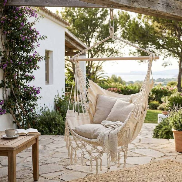 Hängesessel Ibiza Fransen Hängestuhl Beige Natur Boho Style Hippie Outdoor Camping