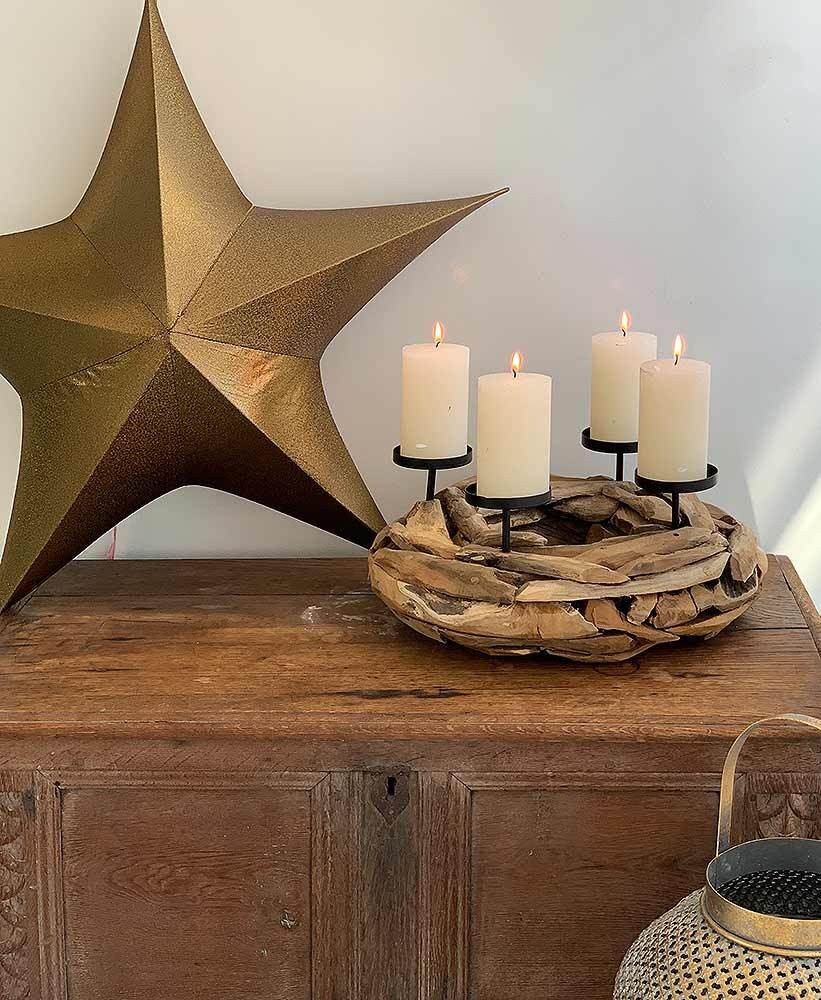 Adventskranz Holz Rund Natur 4 Kerzenhalter Teakholz Weihnachten Vintage-Stil | Adventskränze | Weihnachten | Wohnen