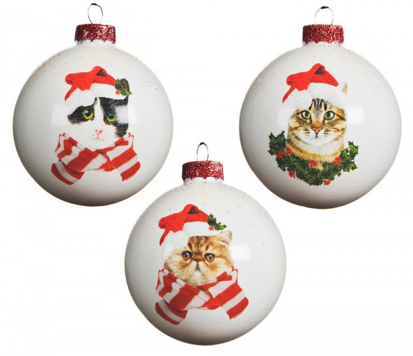Christbaumkugeln Weiß Katze Weihnachtsmütze 3 Stück Weihnachtskugeln Echt Glas