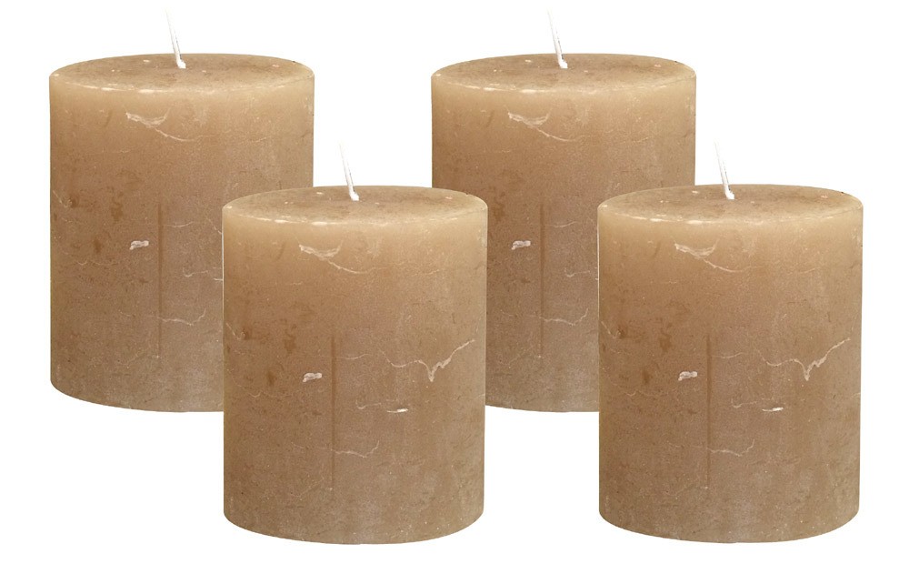 4 Rustic Stumpenkerzen Premium Kerze Taupe 7x8cm - 40 Std Brenndauer