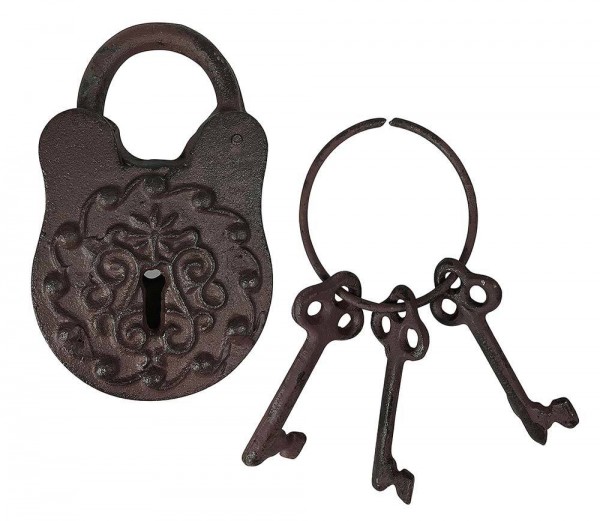 Deko Vorhängeschloss Nostalgie + 3 Schlüssel Vintage Gusseisen Antik-Stil Braun