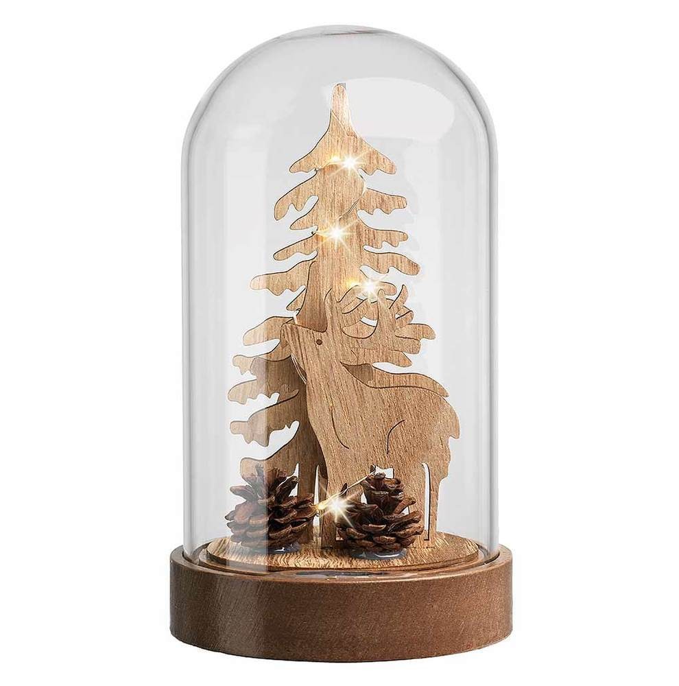 LED Glasglocke Weihnachtsszene im Glas beleuchtet Elch Tannenbaum Holz 20cm