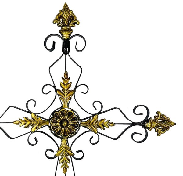 Wandkreuz groß Schmiedeeisen Schwarz Gold Wand-Kruzifix Kreuz Antik-Stil 60cm