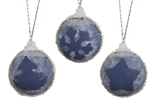 Christbaumkugeln 3er Set Denim Blue Jeans Stoff Blau mit Schnee Bruchfest 8cm