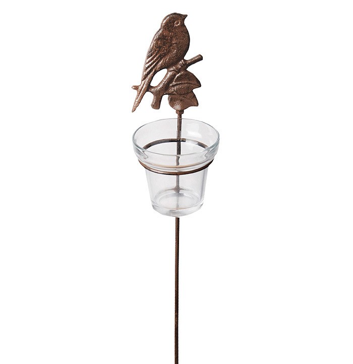 Teelichthalter Gartenstab Vogel Gusseisen Antik-Braun 42cm D