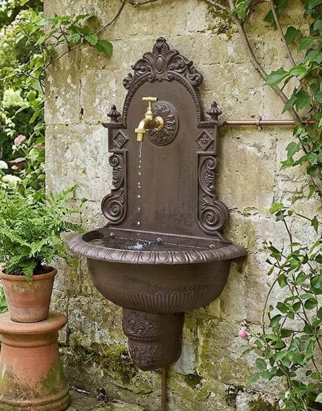 Wandbrunnen Antik-Stil Waschbecken mit Wasserhahn Nostalgie Metall Braun