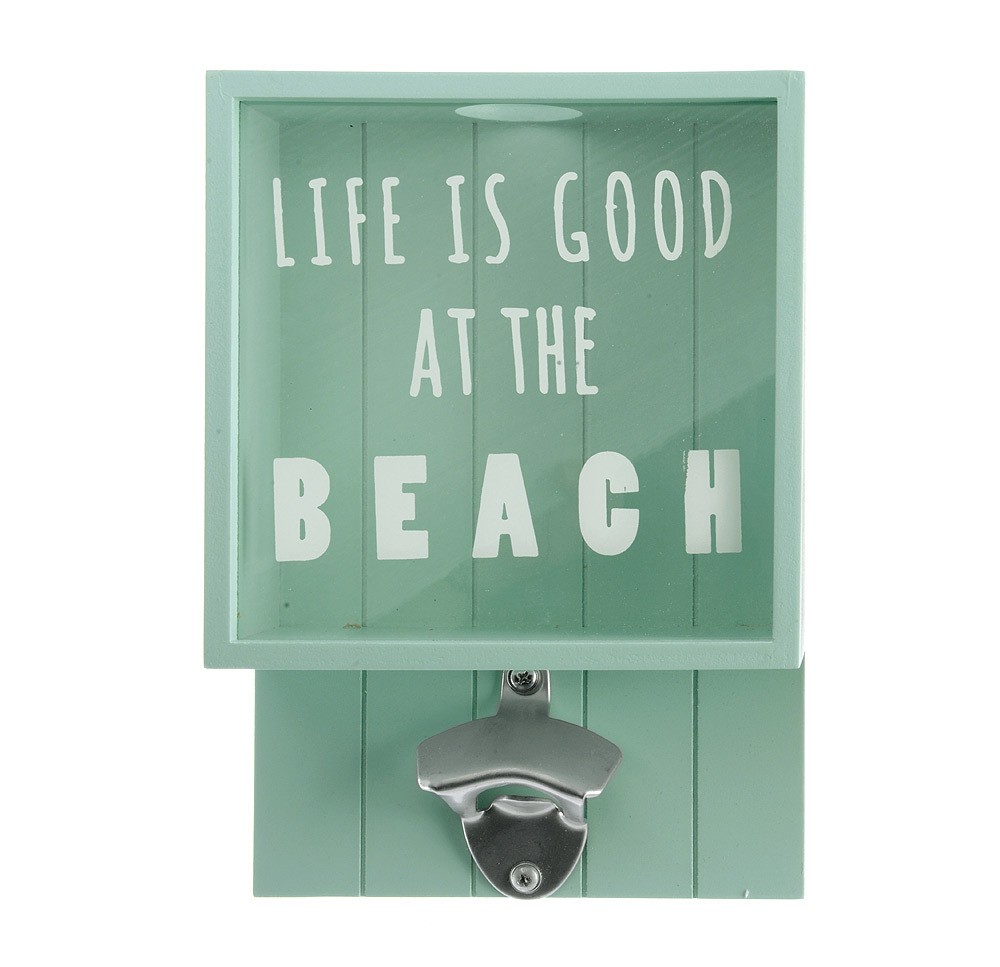 Wandflaschenöffner LIFE IS GOOD AT THE BEACH mit Kronkorken-Box Türkis