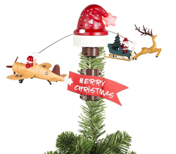 Christbaumspitze mit fliegendem Weihnachtsschlitten Flugzeug Bewegung Musik LED