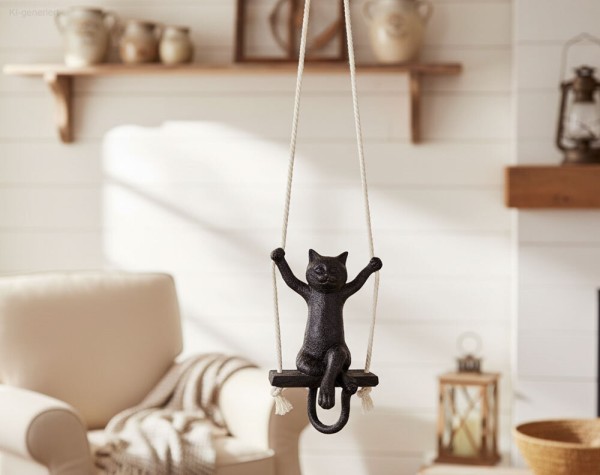 Hängende Figur Katze auf Schaukel Katzenfigur Dekofigur zum Aufhängen Schwarz