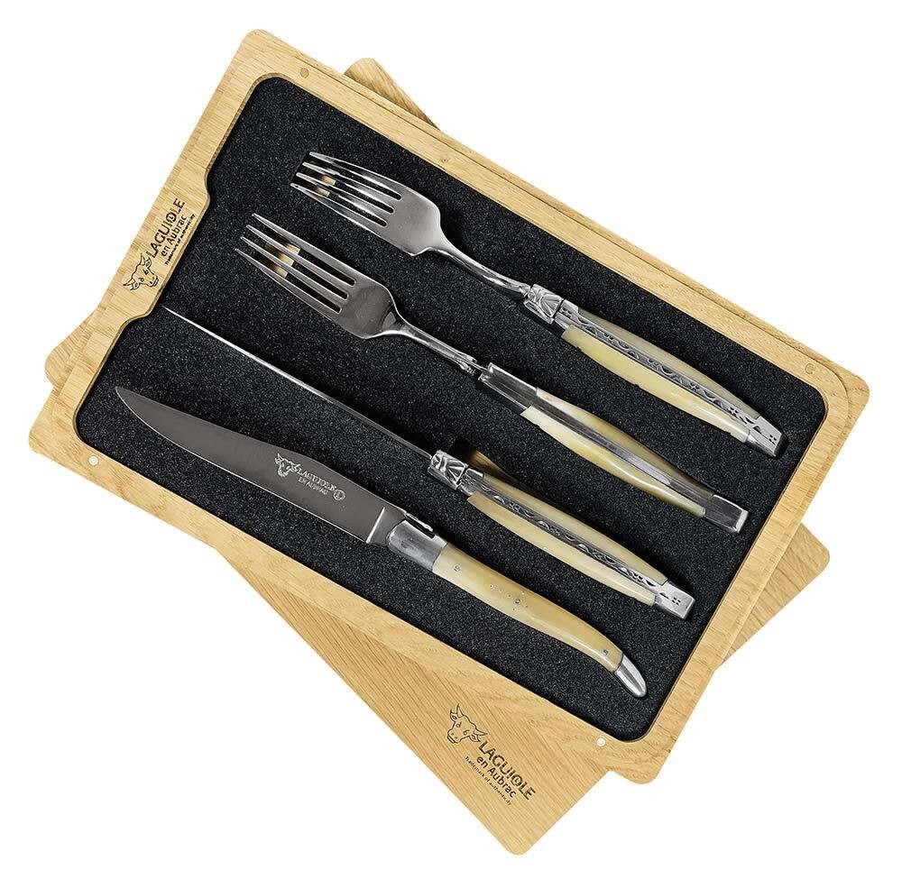 Laguiole en Aubrac Besteck-Set 2 Steakmesser 2 Gabeln Hornspitze massiv Laguiole en Aubrac Besteck-Set 2 Steakmesser 2 Gabeln Hornspitze massiv