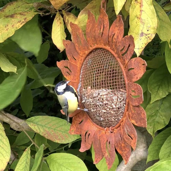 Vogelfutterspender Sonnenblume zum Aufhängen Metall Edelrost Vogelfutterstation