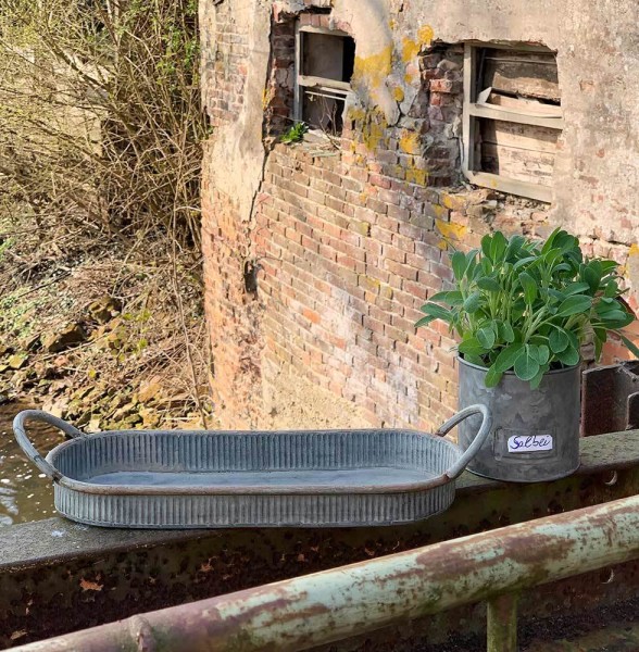 Tablett Zink Oval mit Griffen Dekotablett Vintage Antik-Stil 36x14cm