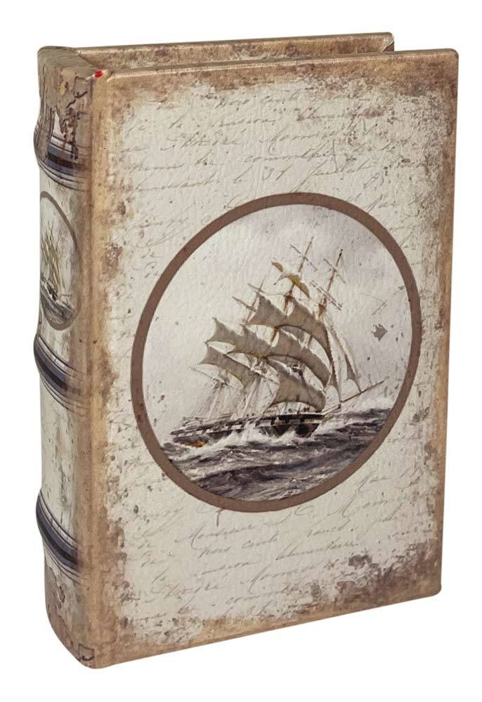 Hohles Buch mit Geheimfach Segelschiff Weiß Antik-Stil Buchversteck 15cm