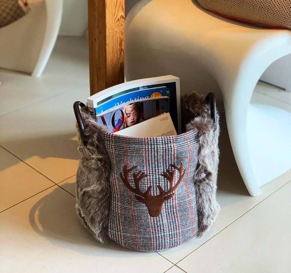 Aufbewahrungskorb Rentier Grau Kariert Deko-Korb mit Griffen Weihnachten