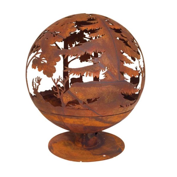 Feuerkorb Wald-Motiv Metall Laser Cut Feuerball Rost-Optik 60cm
