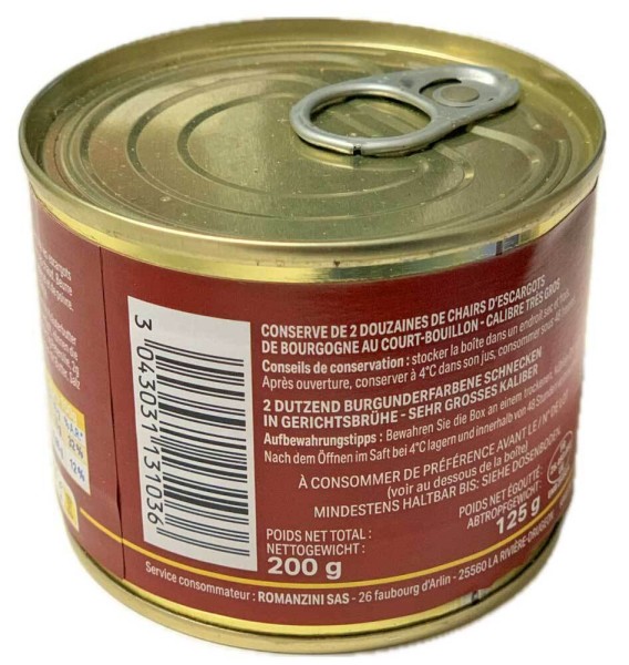 Romanzini Burgunder Weinbergschnecken Groß Escargots 24 Stück Dose 200 g