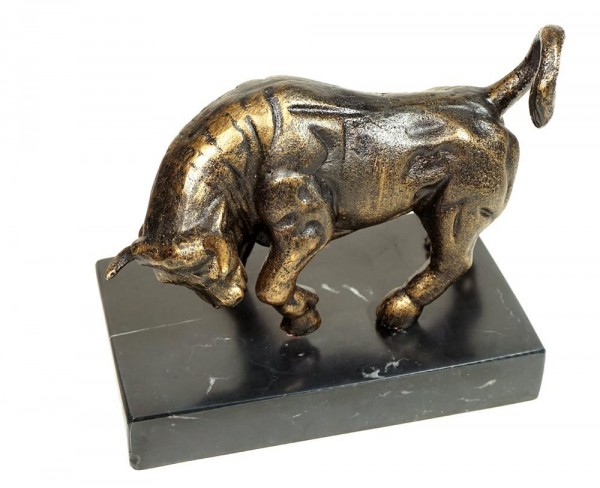 Figur Bulle Börse Skulptur Eisen auf Marmorsockel Dekofigur Stier