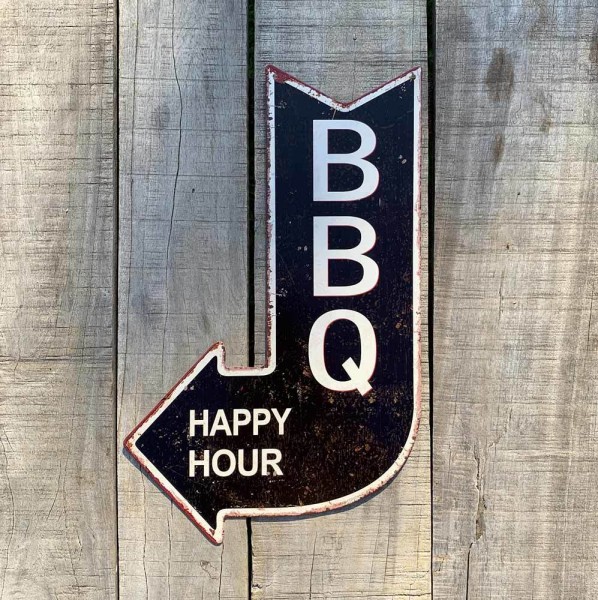 Nostalgie Blechschild BBQ Happy Hour Grill Wegweiser Pfeil Vintage 40x25cm