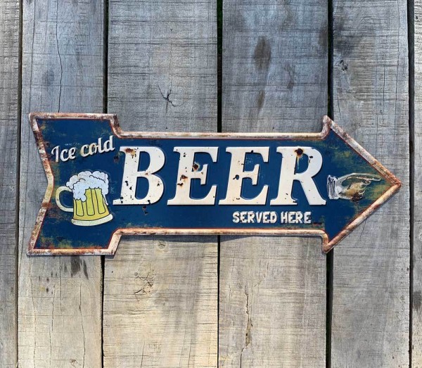 Vintage Blechschild Ice cold BEER SERVED HERE Wegweiser Bier Geprägt 50x19cm