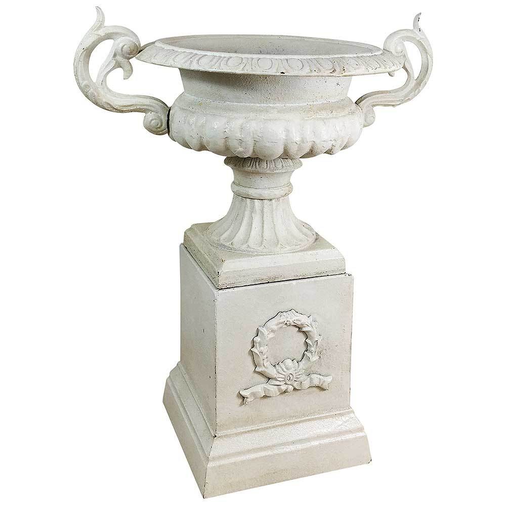 Französische Vase Gusseisen mit Sockel Henkel Pflanztopf Amphore Antik-Stil Weiß