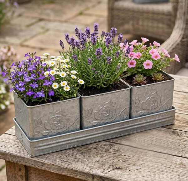 Zink Blumentopf Set Vintage-Stil 3 Stück mit Tablett Pflanzgefäß Kräutertopf