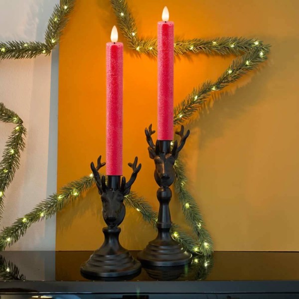 LED Stabkerze Echtwachs Rot 2 Stück Warmweiß flackernd Timer Batterie 24,5cm