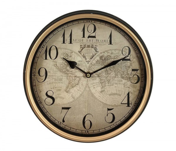 Wanduhr Weltkarte Vintage-Stil Schwarz Atlas Metallrahmen Rund 31cm