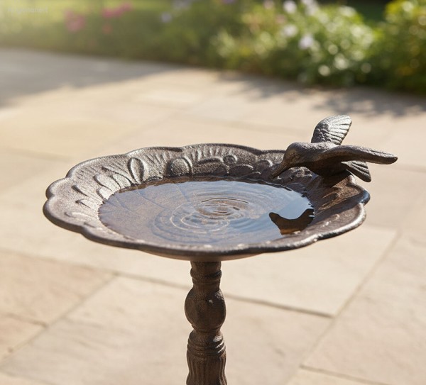 Vogeltränke auf Fuß mit Vogel Vogelbad Futterschale Gusseisen Antik-Stil Braun