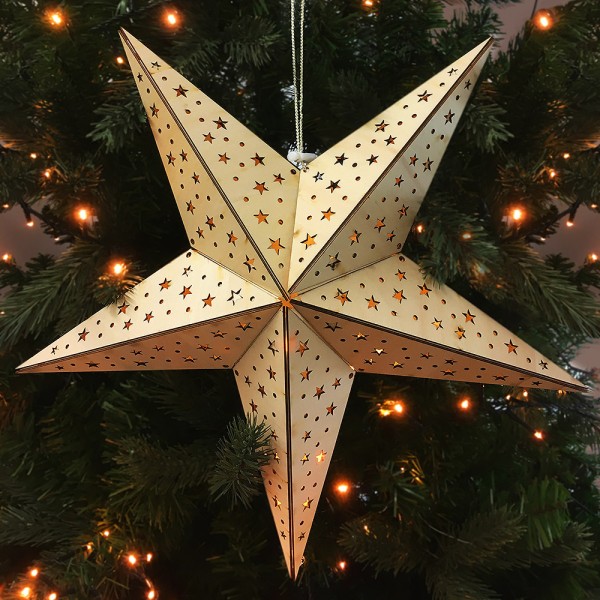 LED Holzstern Weihnachtsstern Sternchen 3D Warmweiß Batterie Timer 40cm