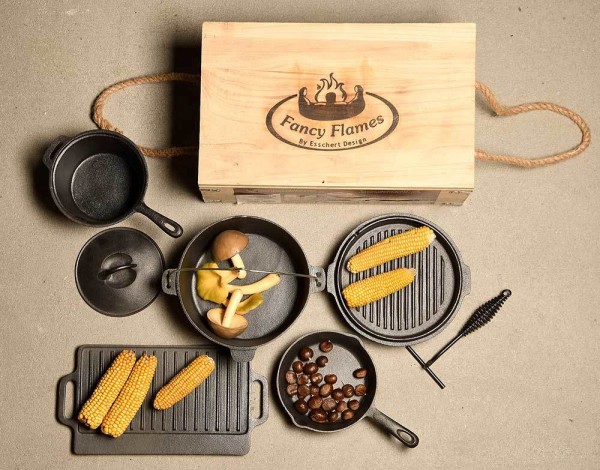 Dutch Oven Set 7-teilig Outdoor Kochset Gusseisen Lagerfeuer Grillplatte Pfanne Topf