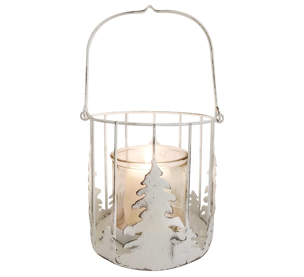 Weihnachtliches Windlicht Tanne Weihnachtsbaum Laterne Metall mit Glaseinsatz Weiss 15cm