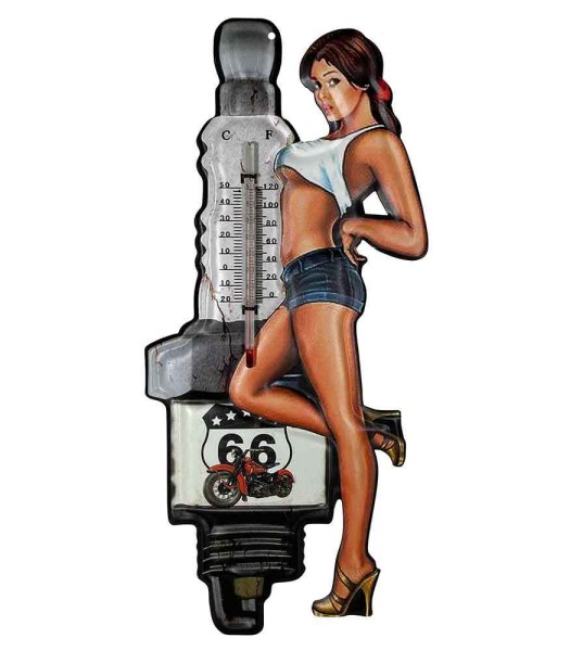Wandthermometer ROUTE 66 Pin-Up Girl Vintage-Stil Thermometer Nostalgie Blechschild