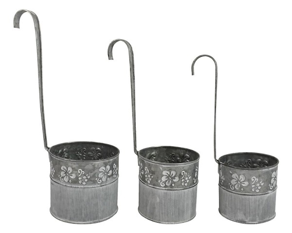 3er Set Hängender Blumentopf Zink Vintage-Stil mit Haken Balkon Hängetopf Grau