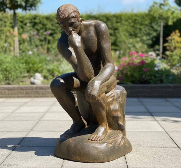 Figur Der Denker n. Rodin 110cm Groß Guss-Stein Frostsicher Garten Statue Schwarz-Rost