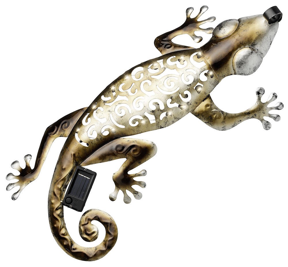 Gecko mit LED Beleuchtung Solar Metall Gold Wanddeko Eidechse Vintage 24x50cm