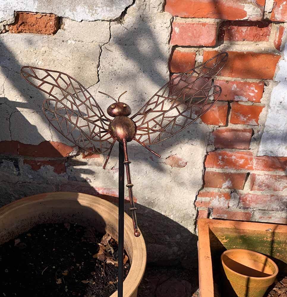 Gartenstecker Libelle Metall Rost Braun Gartenstab Deko Vintage-Stil 100cm