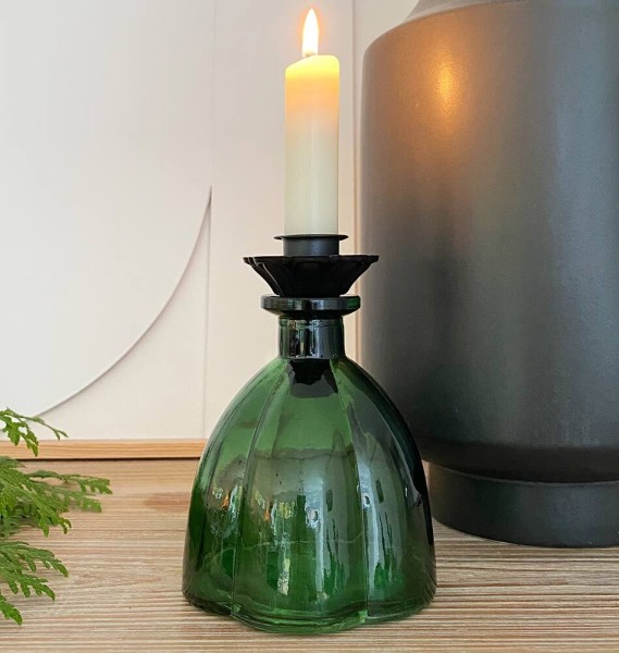Vase Glas Grün mit Kerzenhalteraufsatz Schwarz Flaschenaufsatz Vintage Dekovase