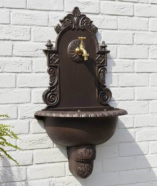 Wandbrunnen Antik-Stil Waschbecken mit Wasserhahn Nostalgie Metall Braun